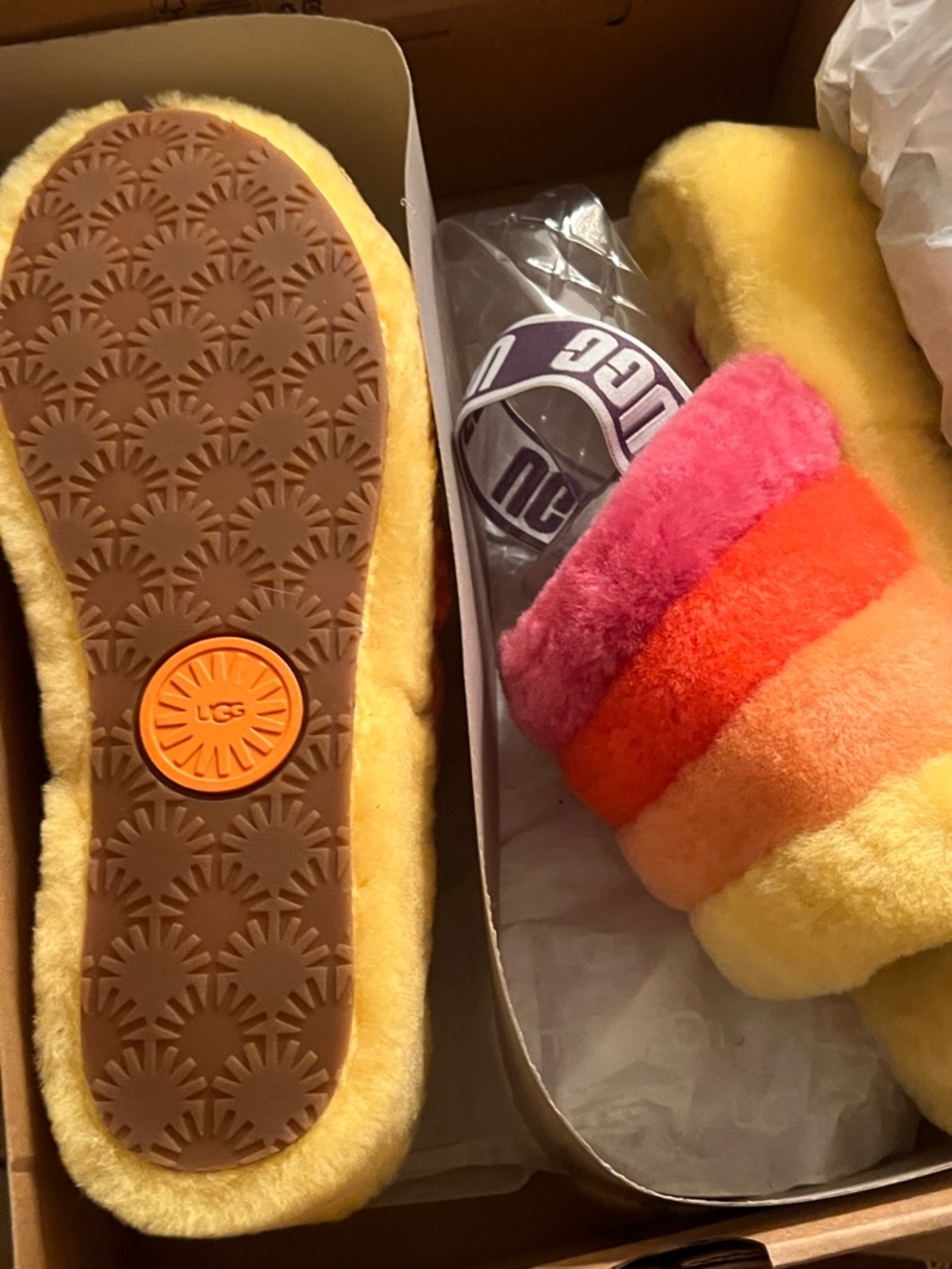 UGG Yellow Shearling Slide Slippers with Pink, Orange & Peach Stripes